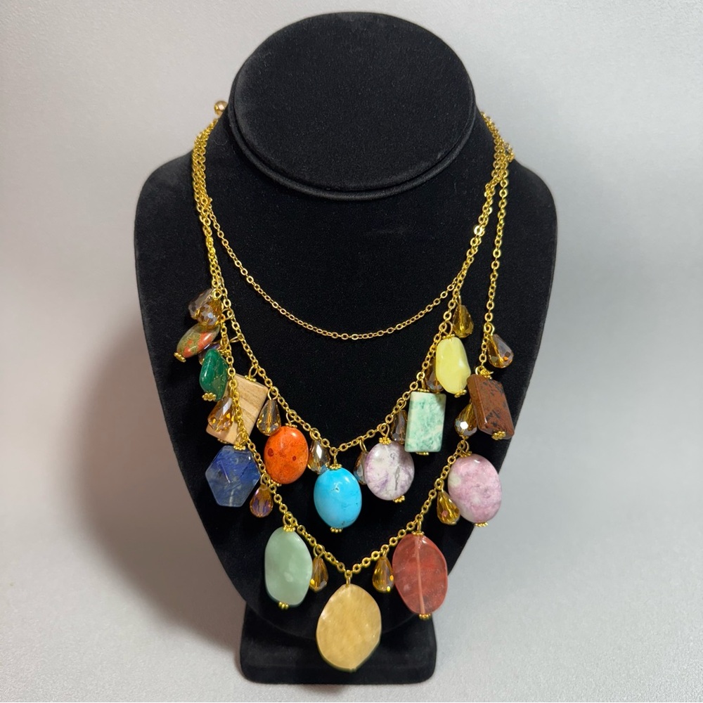 Multicolor Gold Tone Semi-Precious Stones Layered Necklace